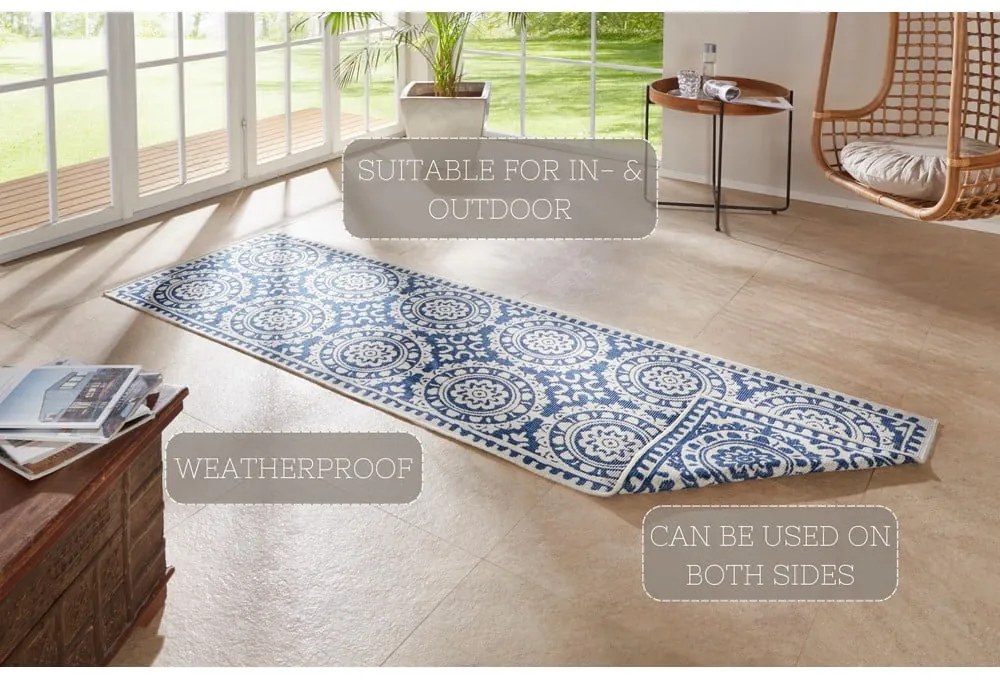 Modro-krémový vonkajší koberec NORTHRUGS Jardin, 80 x 350 cm