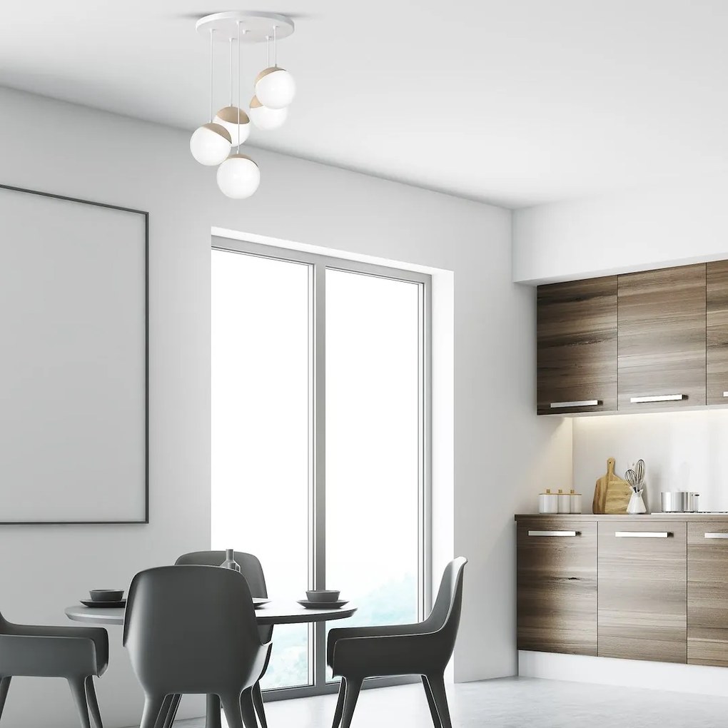 Závesné svietidlo Sfera, 5x biele sklenené tienidlo, w/drevo, o