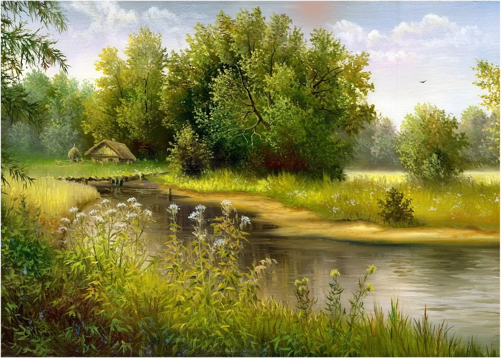 Sklenený obraz - Rieka pri lese, olejomaľba (70x50 cm)