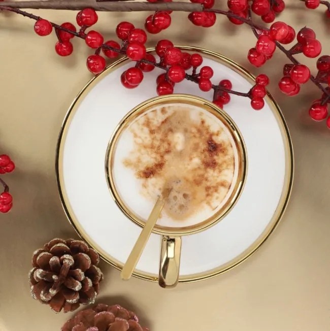 Šálka SINNES s podšálkou a lyžičkou, biela / zlatá 806563 200 ml