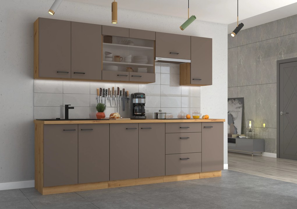 Luxusná kuchyňa Bosko B 260cm, dub Artisan / šedý mat
