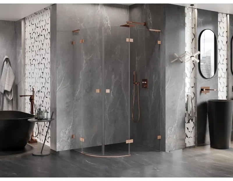 Mexen Lunar, L pravý polkruhový sprchový kút 90 x 80 cm, 8mm číre sklo, profil medená matná, 833L-090P-080L-65-00
