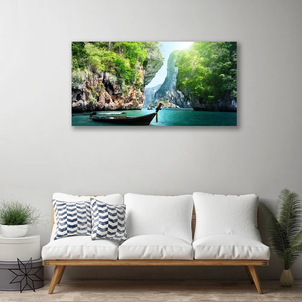 Obraz na plátne Hora voda loďka príroda 125x50 cm