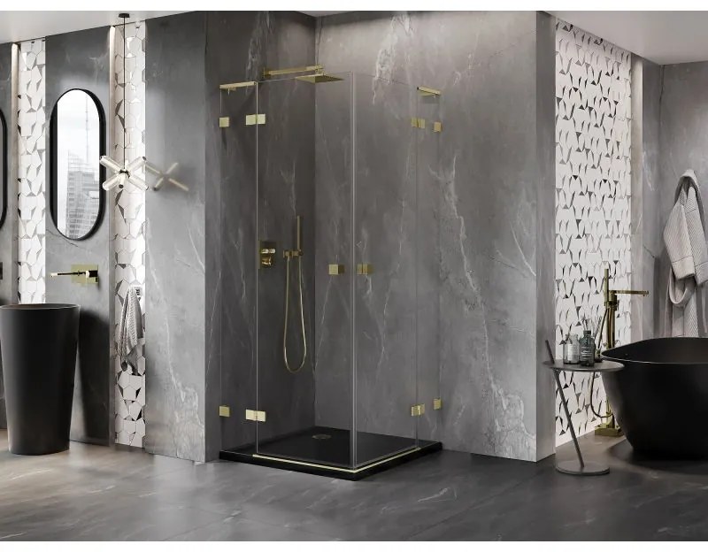 Mexen Lunar, L Duo výklopný sprchový kút 95 x 95 cm, 8mm číre sklo, zlatý matný profil, 834L-095L-095P-55-00