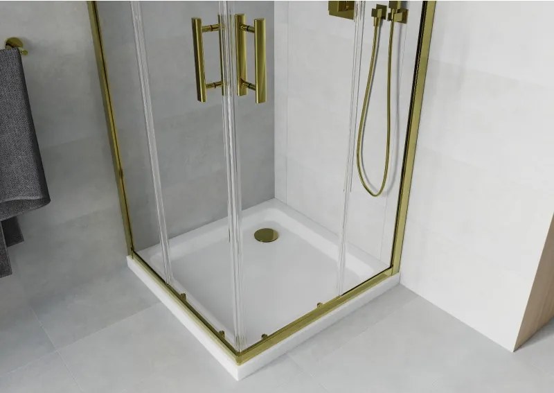Mexen Rio, štvorcový sprchovací kút s posuvnými dverami 90(dvere) x 90(dvere) x 190 cm, 6mm číre sklo, zlatý profil + biela sprchová vanička SLIM, 860-090-090-50-00-4010G