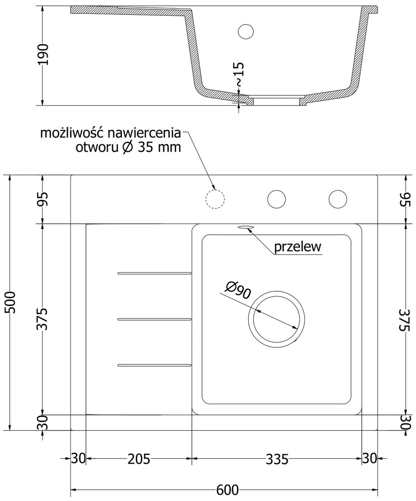 Mexen Ben, 1-komorový granitový drez 600x500x190 mm, pravý + chrómový sifón, šedá, 6523605000-71