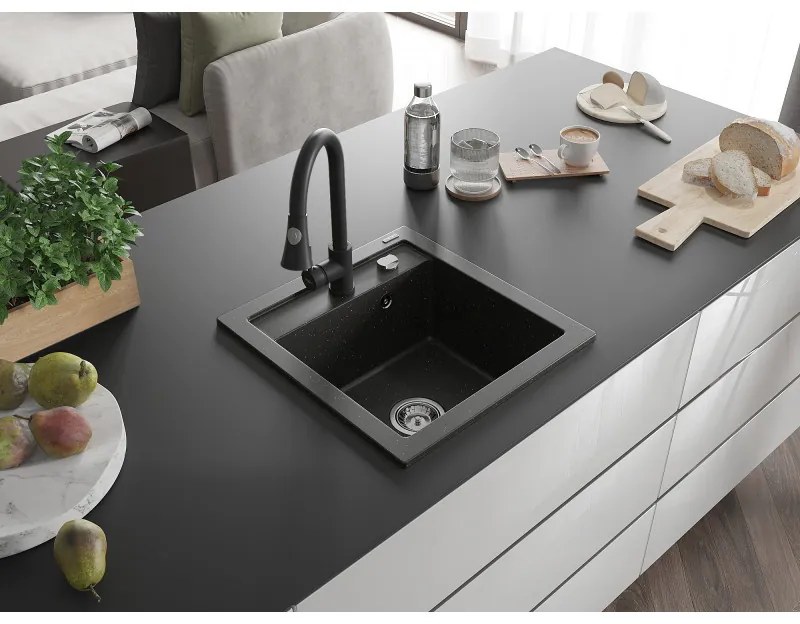 Mexen Vito, 1-komorový granitový drez 490x520x210 mm a drezová batéria Elia, čierna-zlatá metalíza, 6503-75-670101-70