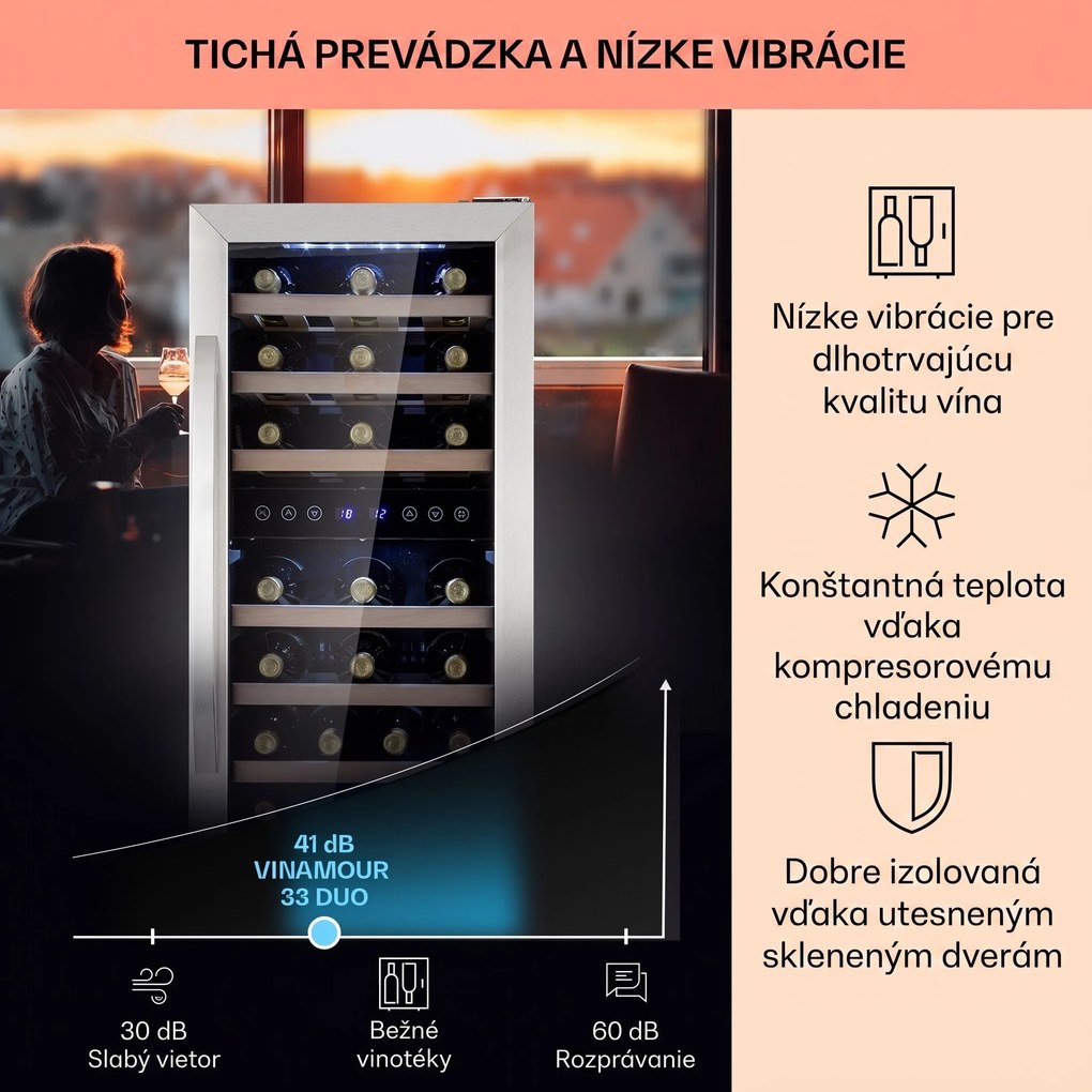 Klarstein Vinamour 33 Duo dvojzónová vinotéka 89 l / 33 fliaš 5-18°C dotykový ovládací panel