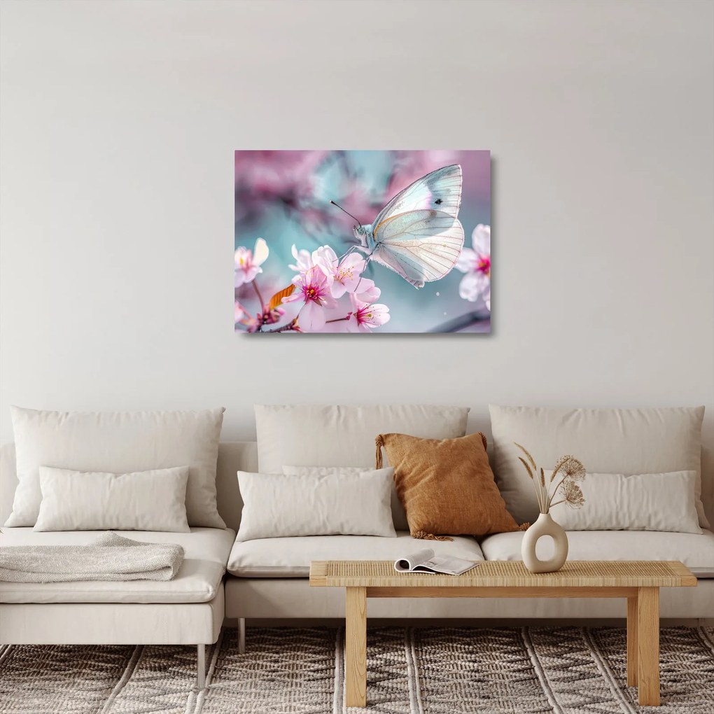 Sklenený obraz - Motýľ na čerešni (70x50 cm)