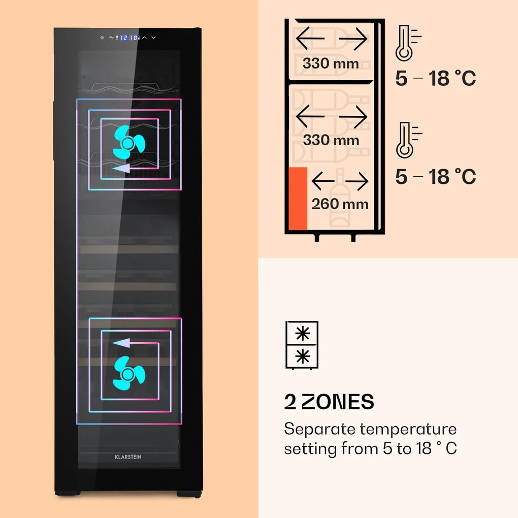 Klarstein Bovella 27 Duo+, dvojzónová vinotéka, 74 l, 27 fliaš, sklenené dvierka