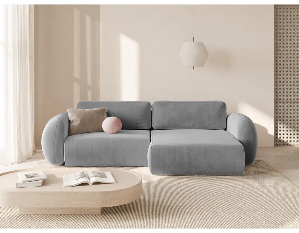 Svetlosivá zamatová rozkladacia/s úložným priestorom rohová pohovka Tonale – Cosmopolitan Design