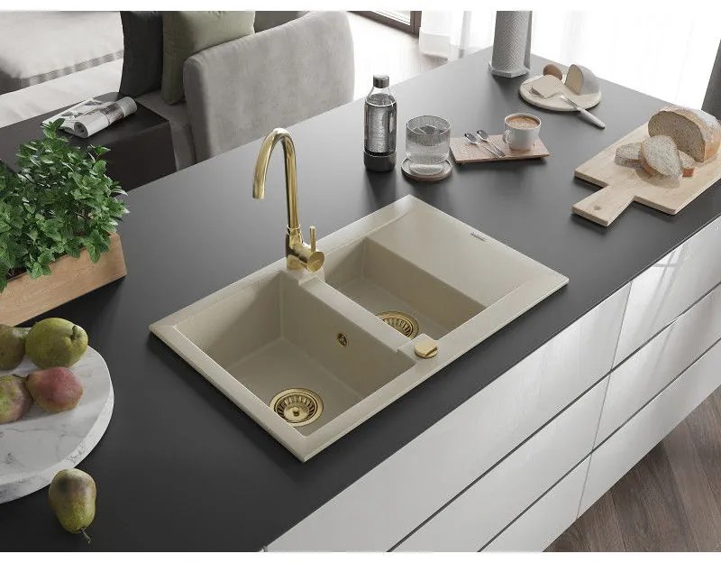 Mexen Gaspar, granitový drez 737x475x177 mm, 1,5-komorový, béžová so zlatým sifónom, 6507731505-69-G