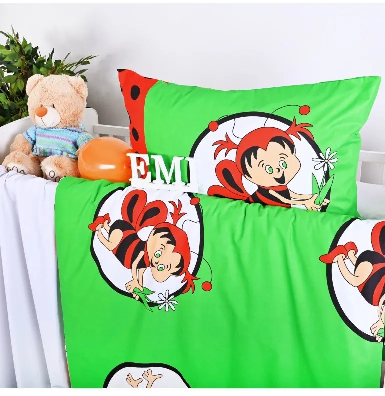 Obliečky detské bavlnené včielky zeleno-červené EMI, Detský set 90x130 + 45x65