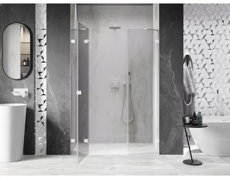 Mexen Lunar, ľavé otočné sprchové dvere 150 cm, 8mm číre sklo, biely profil, 834S-150-050-20-00-L