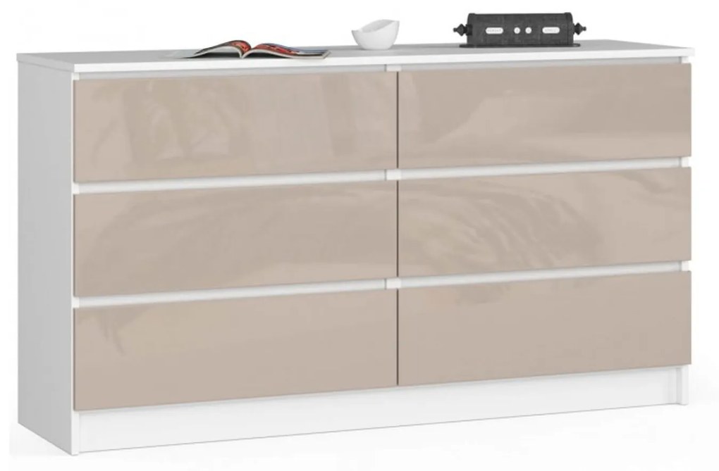 Komoda K140 6SZ biela/cappuccino lesk