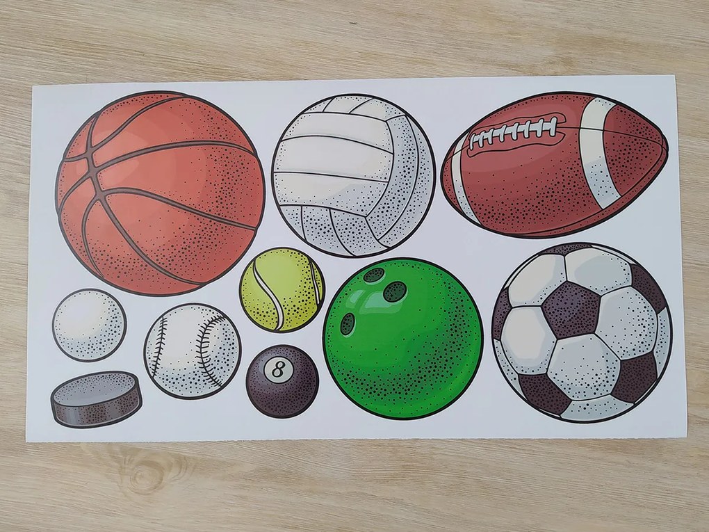 Športové lopty textilní prelepiteľné nálepky na stenu hárok 75 x 41 cm