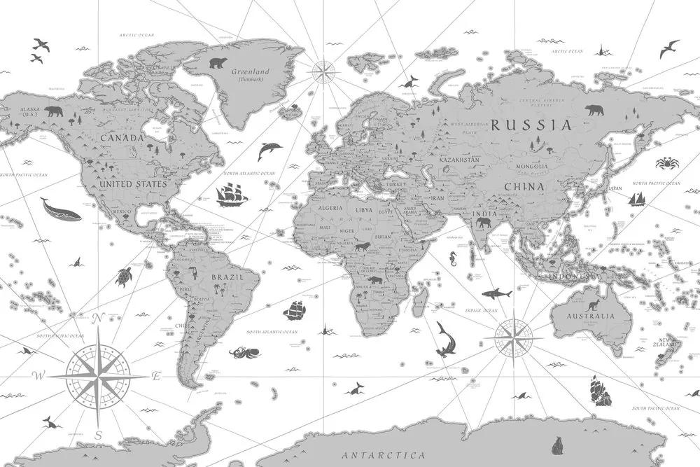 Obraz na korku mapa s historickým nádychom v čiernobielom prevedení