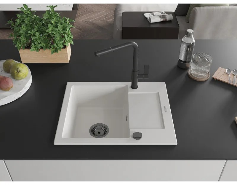 Mexen Enzo, 1-komorový granitový drez 576x465x174 mm a drezová batéria Flora, biela, 6506-20-670401-70-B