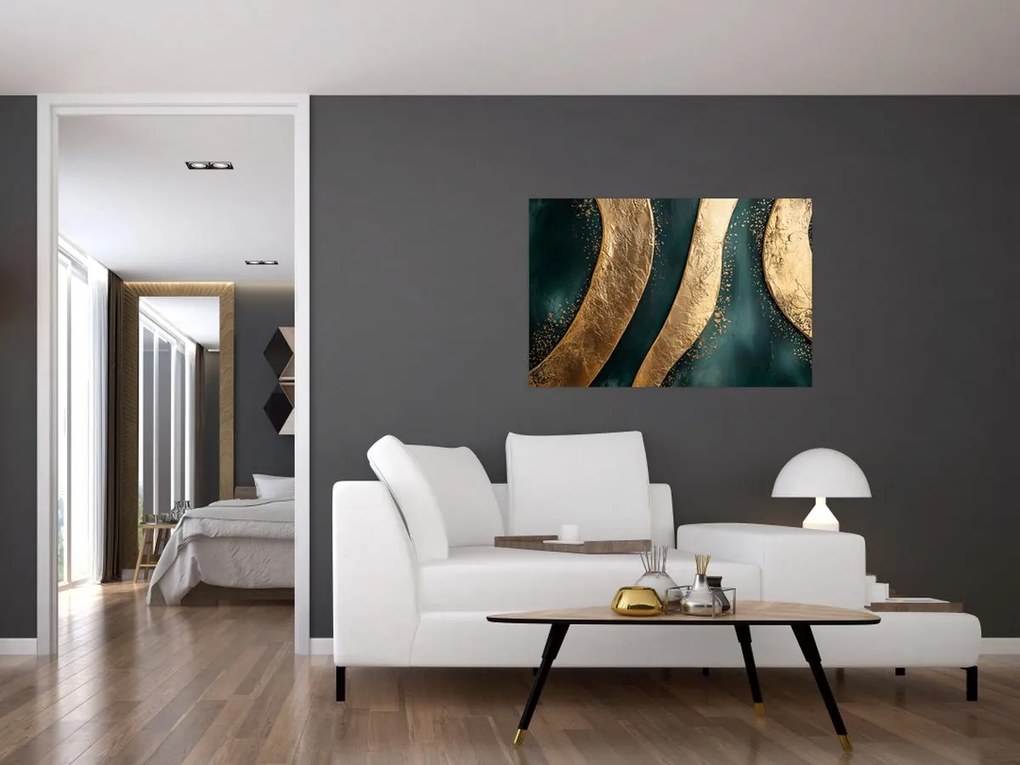 Obraz - Zelená abstrakcia so zlatom I. (90x60 cm)