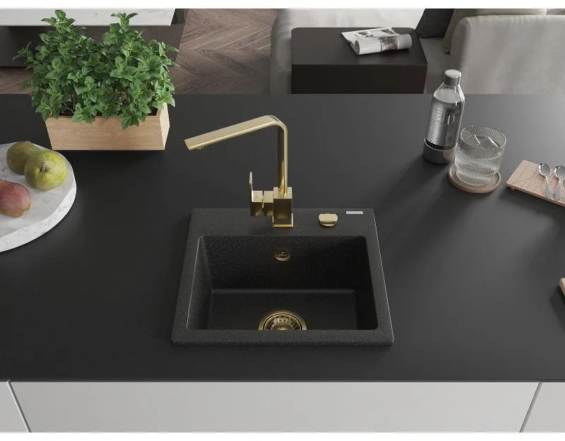 Mexen Milo, 1-komorový granitový drez 435x410x171 mm a zlatá batéria Rita, čierna-strieborná metalíza, 6505-73-670300-50