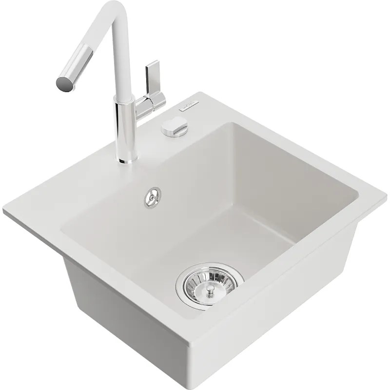 Mexen Milo, 1-komorový granitový drez 435x410x171 mm a drezová batéria Flora, biela, 6505-20-670401-02