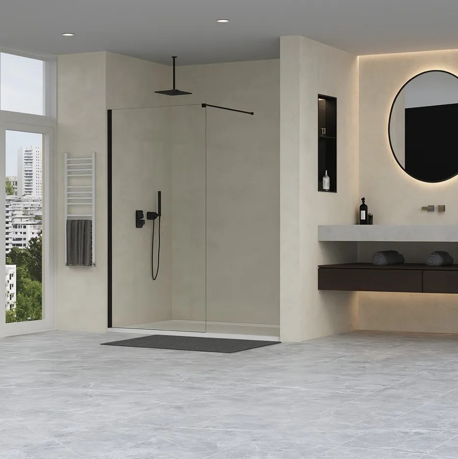 Erga Paris, sprchová zástena Walk-In 100x200 cm, 8mm číre sklo, čierny profil, ERG-V02-PARIS-100x200-CL-BK