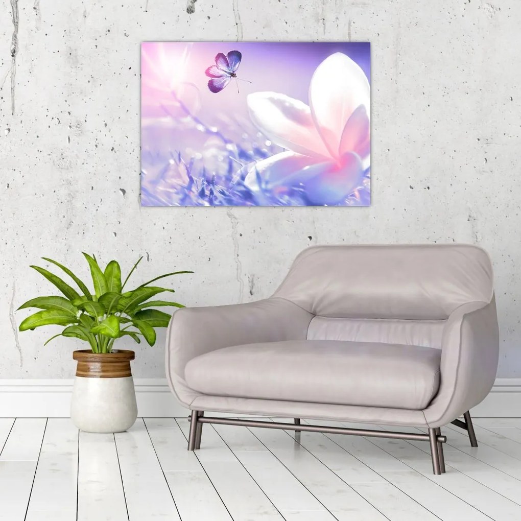Sklenený obraz - Motýľ prilietajúci na kvet (70x50 cm)