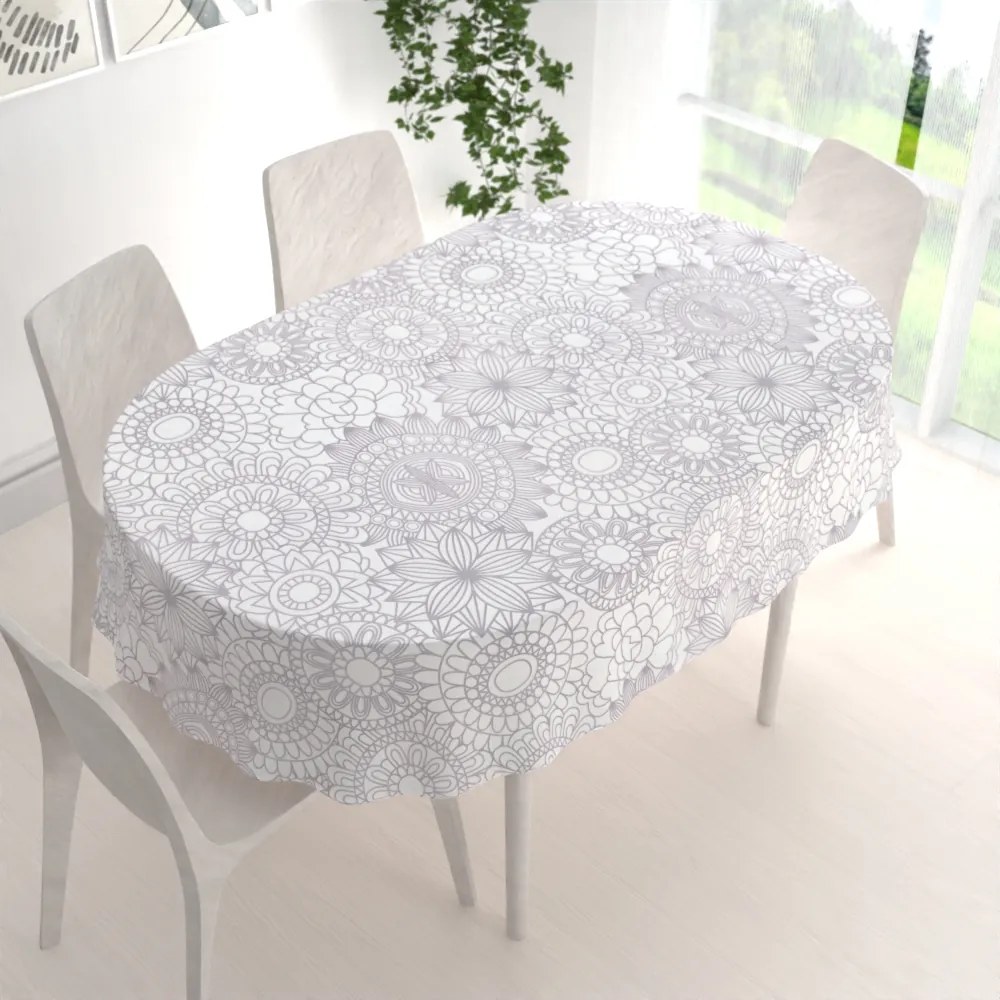 Biante Bavlnený oválny obrus Sandra SA-365 Sivé mandaly na bielom 140x180 cm
