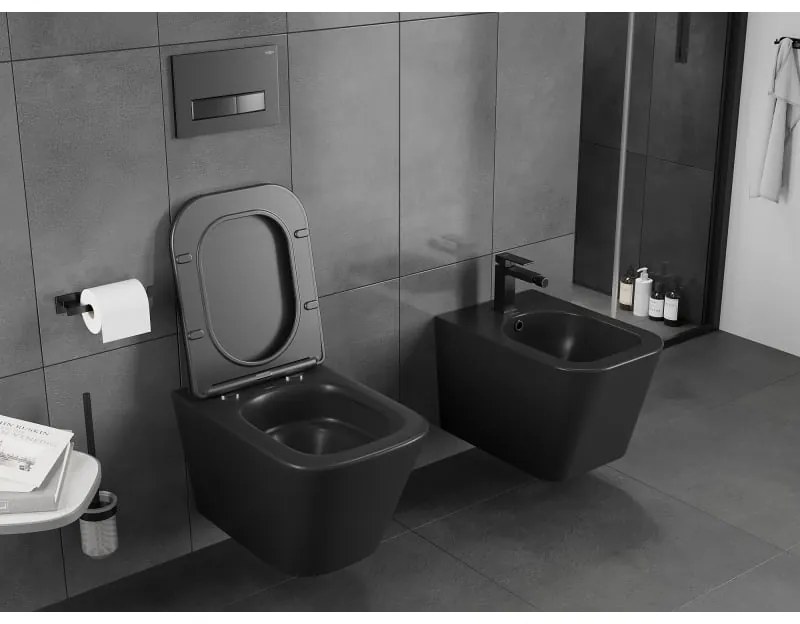 Mexen Teo, závesná WC misa 510x345x340 mm, Rimless Tornádo + WC sedadlo z duroplastu, čierna matná, 30850685T