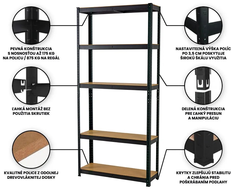 Fistar Regál 1800x750x450 mm, lakovaný 5-policový, nosnosť 875 kg - ČIERNY