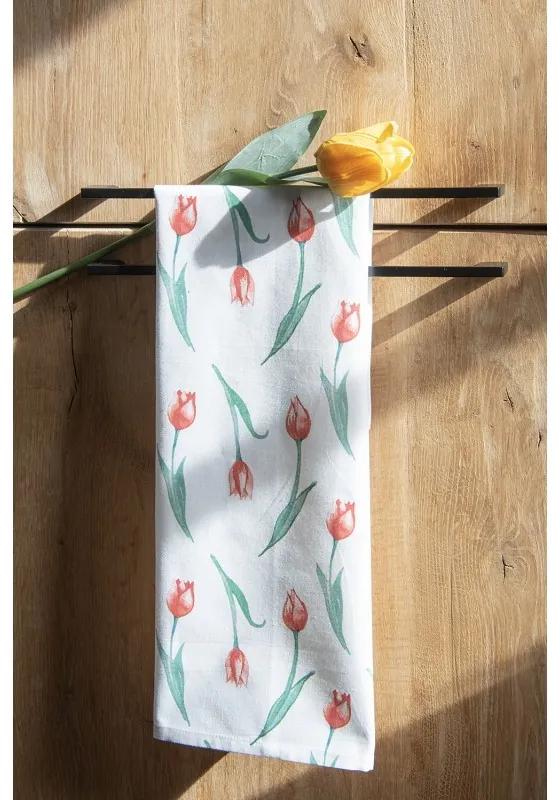 Biela bavlnená kuchynská utierka s tulipánmi - 47*70 cm