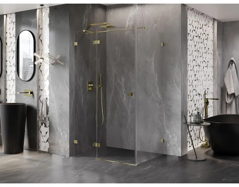 Mexen Lunar T, sklápací sprchový kút ľavý 135 x 70 cm, 8mm číre sklo, zlatý profil, 834T-135-070-50-00-L