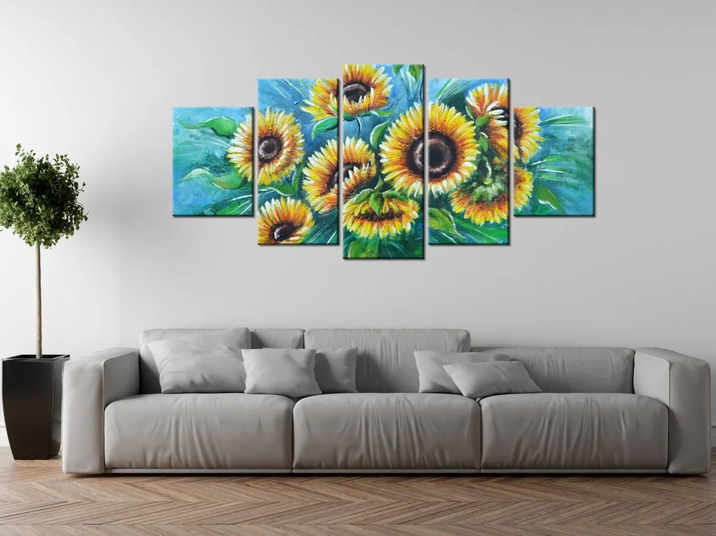 Gario Ručne maľovaný obraz Slnečnice v daždi - 5 dielny Rozmery: 150 x 105 cm