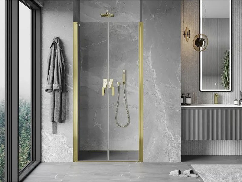 Mexen MIST, 2-krídlové sprchové dvere (d+d) 95x200 cm, 6mm číre sklo, zlatý lesklý profil, 8A7-095-000-50-00