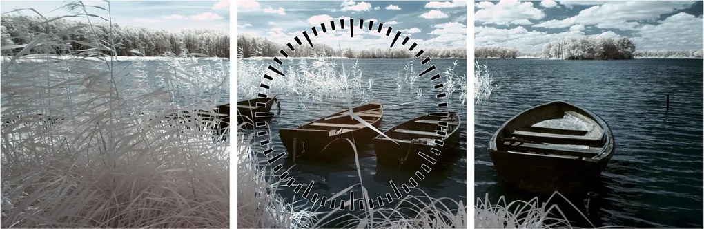 Obraz - Drevené loďky na jazere (s hodinami) (90x30 cm)