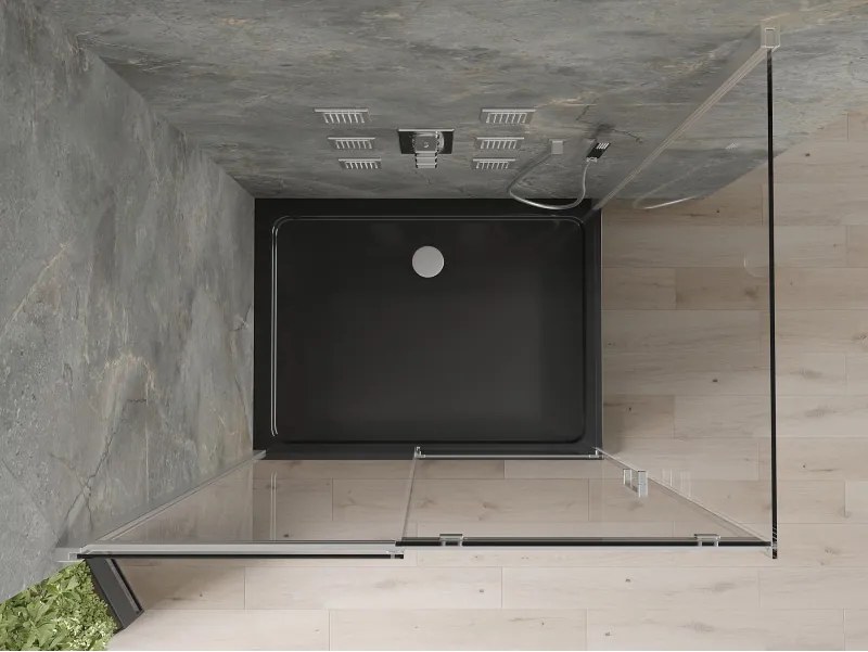Mexen Omega, sprchový kút s posuvnými dverami 120 (dvere) x 90 (stena) cm, 8mm číre sklo, chrómový profil + slim sprchová vanička čierna + chrómový sifón, 825-120-090-01-00-4070