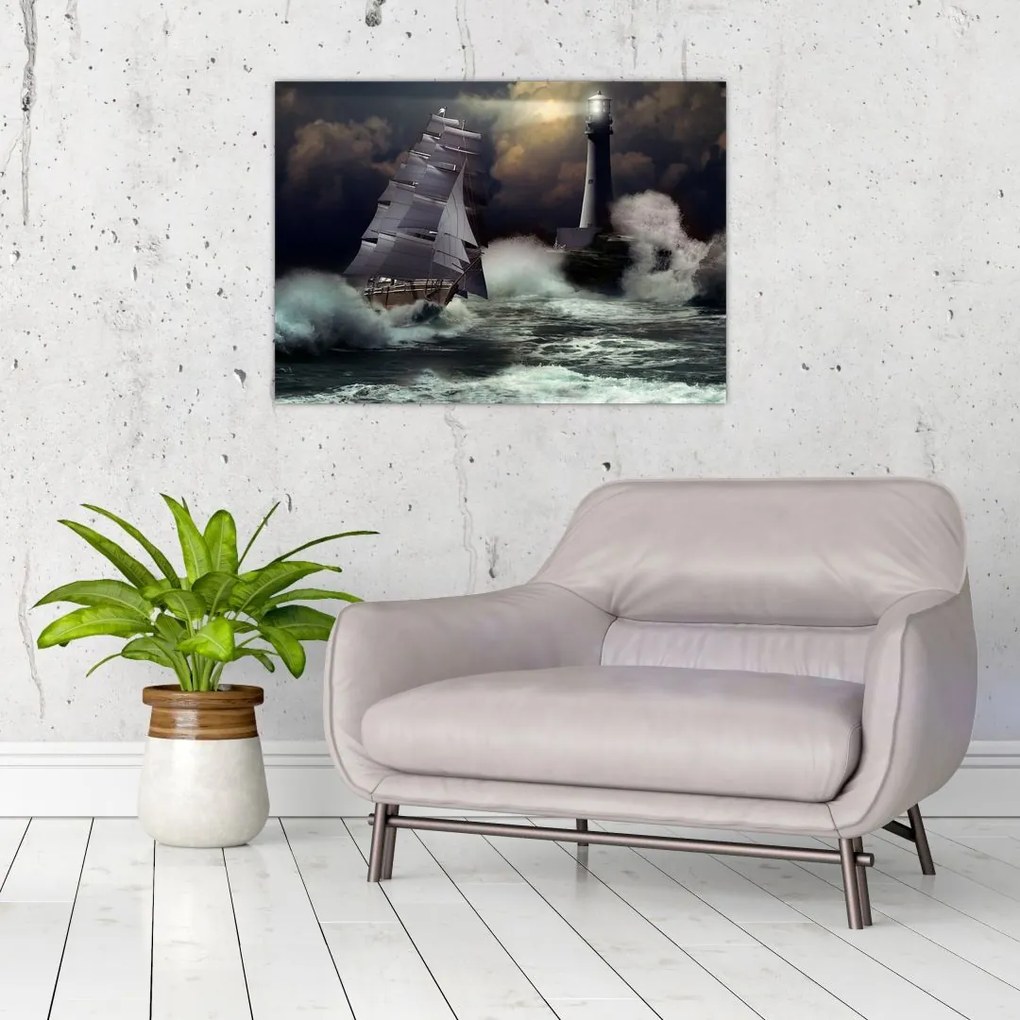 Sklenený obraz - Loď plávajúca cez búrlivé vlny (70x50 cm)