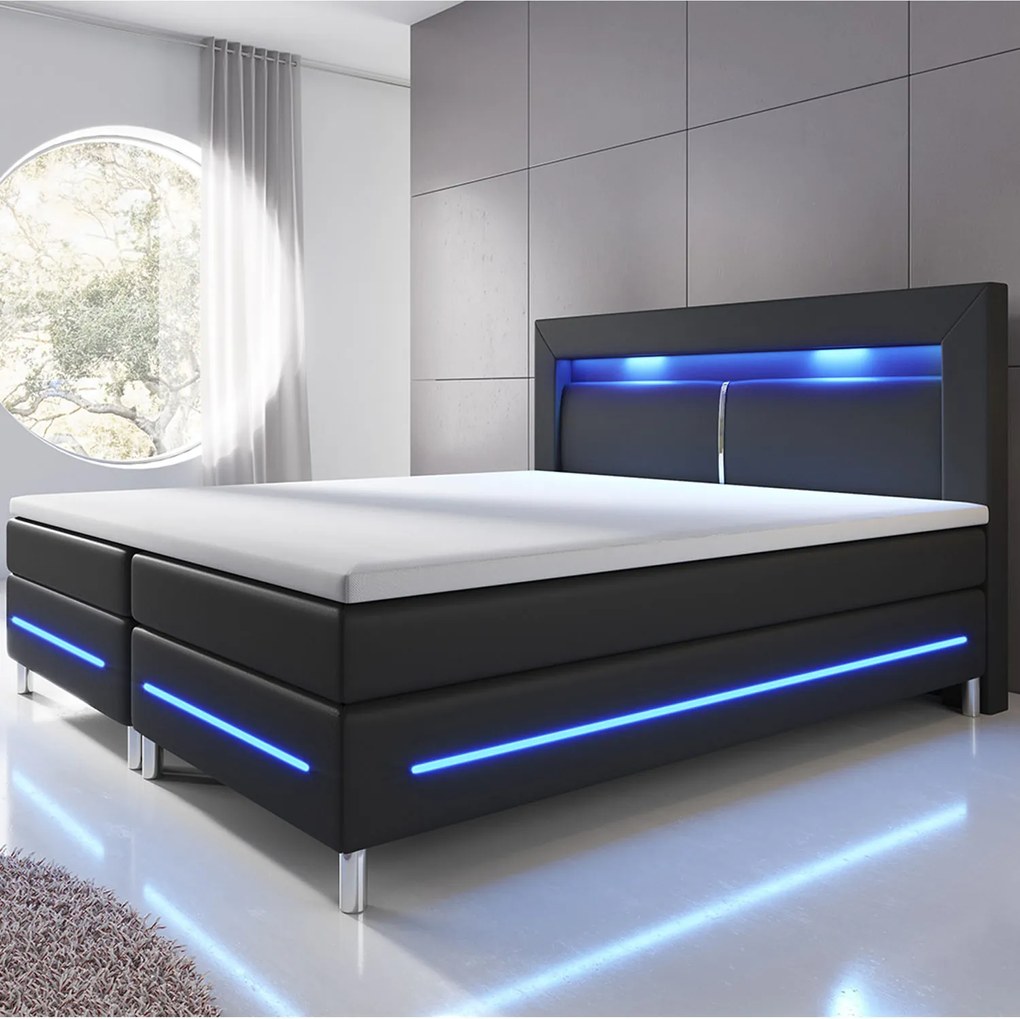 Eshopist Pružinová posteľ Norfolk 180 x 200 cm čierna - LED pásy a pružinové jadro matrace