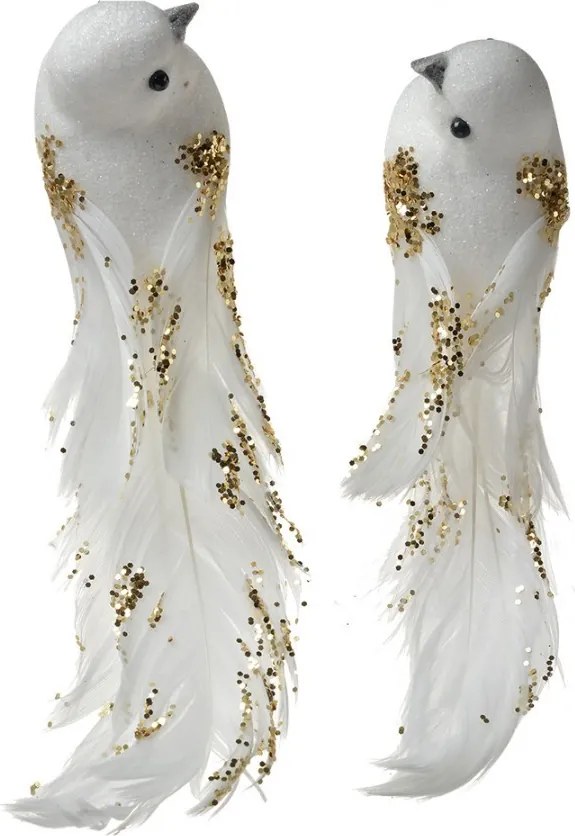2ks biela dekorácia vtáčik s pierkami a trblietkami na klipe - 15*8*5 cm