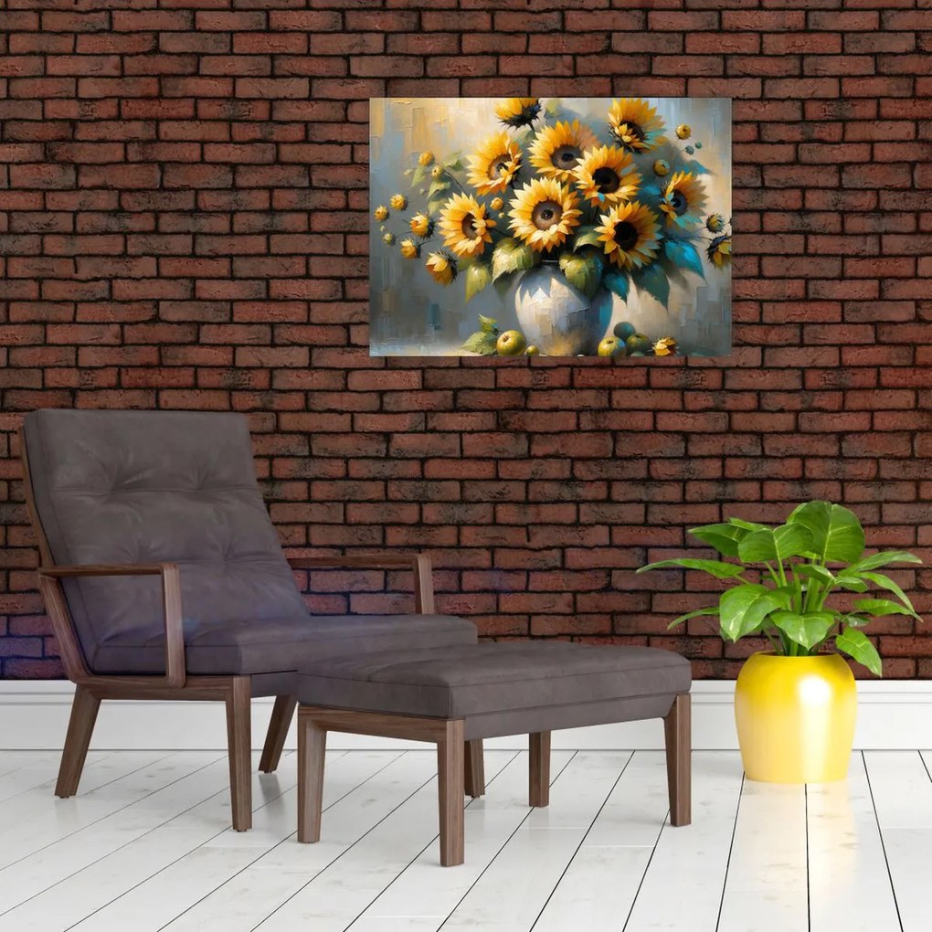 Sklenený obraz – Váza so slnečnicami (70x50 cm)