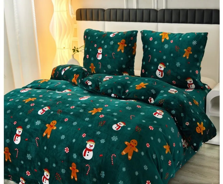 Obliečky mikroplyš SNOWMAN AND GINGERBREAD zelené + plachta mikroplyš SOFT 90x200 cm čierna