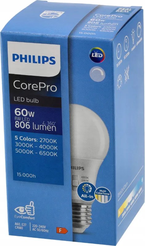 6x stmievateľná LED žiarovka E27 8W 806lm 5CCT CorePro 2700K - 6500K
