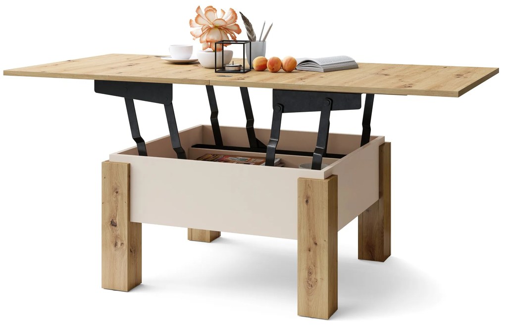 Mazzoni OSLO dub artisan / béžová, rozkladací konferenčný stolík s výškovo nastaviteľnou stolovou doskou
