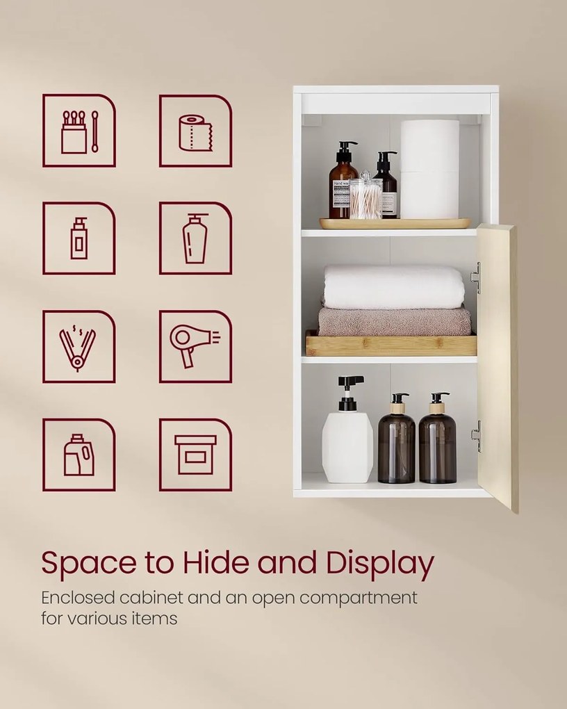 Kúpeľňová skrinka, nástenná kúpeľňová úložná skrinka, výška 80 cm, biela a béžová