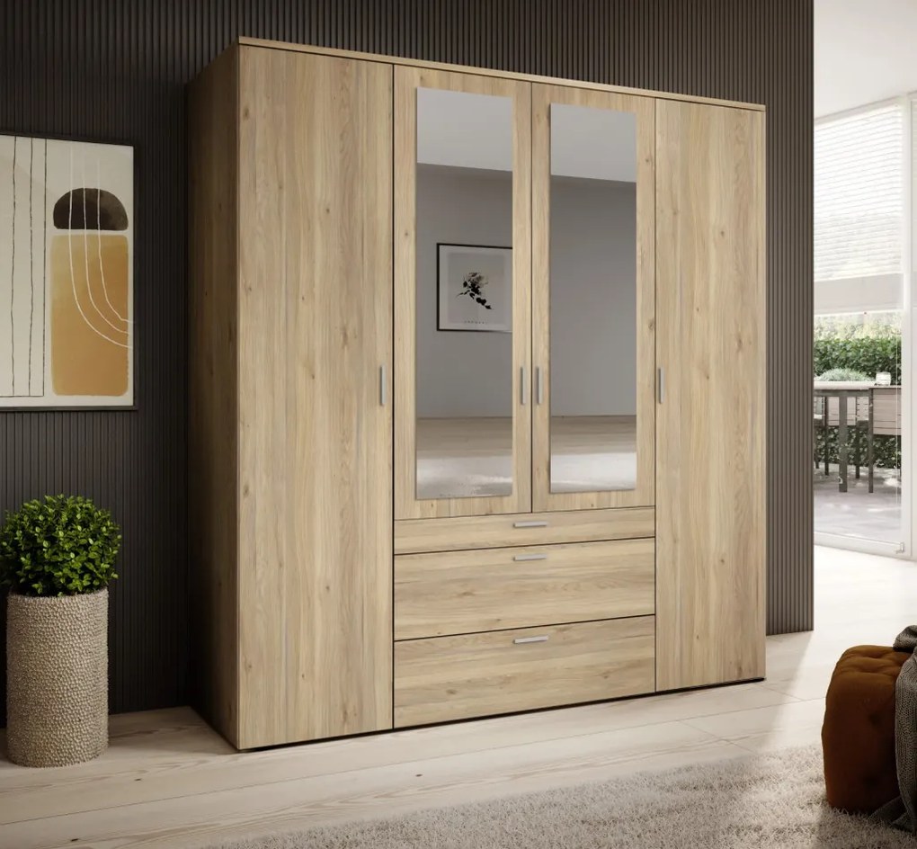 Šatníková skriňa so zrkadlami Vesala, 180 cm, dub mauvella