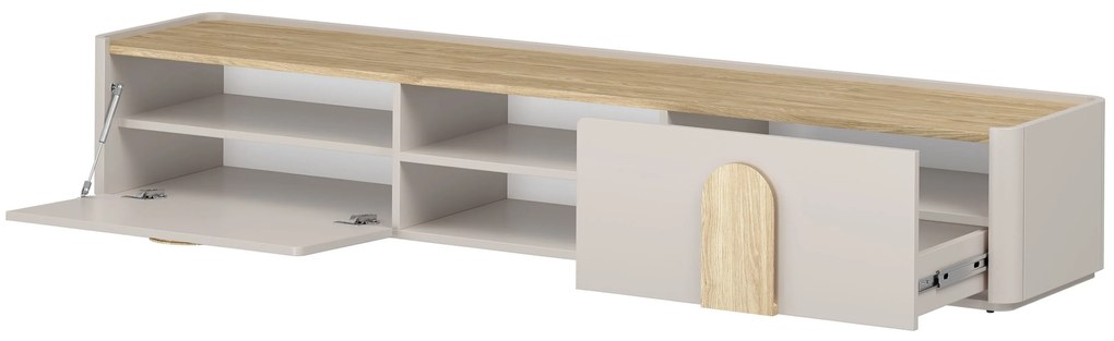 TV stolík Amilio 220 cm so zásuvkou - kašmír / olejovaný dub / úchytky svetlý dub