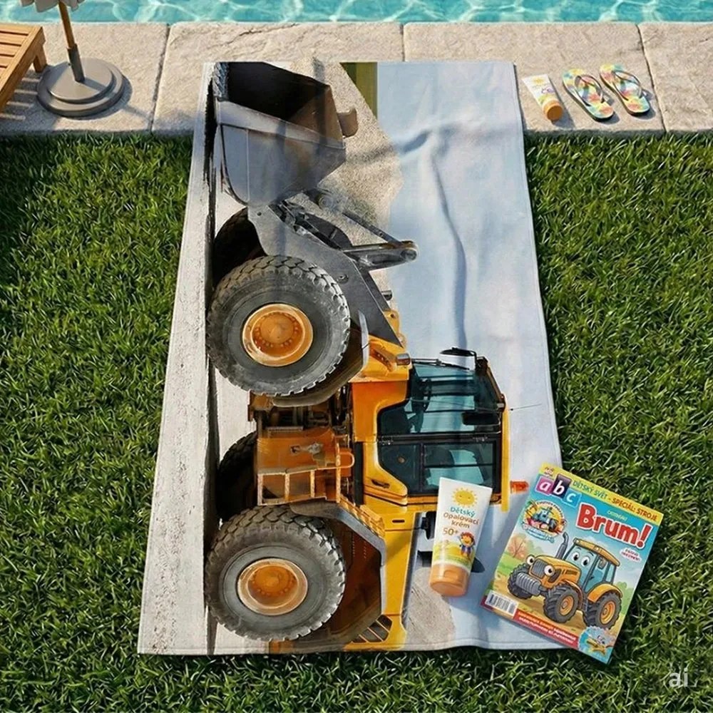 Bavlnená plážová osuška Veľký žltý bager - 100% bavlna s gramážou 350 g/m², rozmer 70×140 cm.