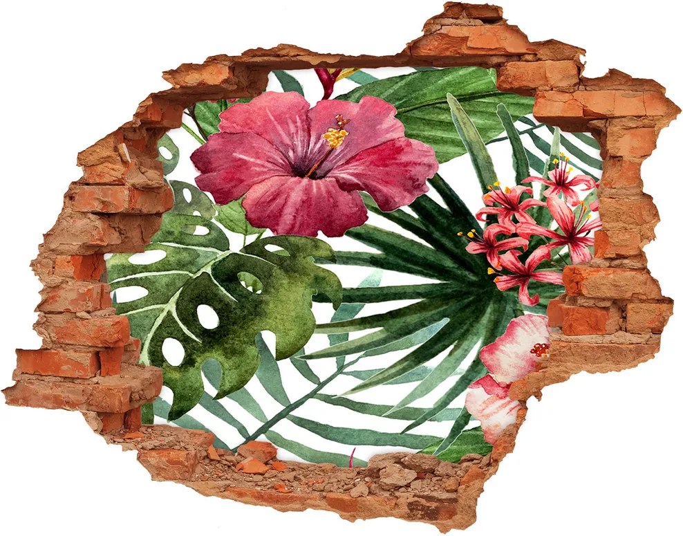 Nálepka 3D diera na stenu Tropické kvety WallHole-cegla-90x70-74294338