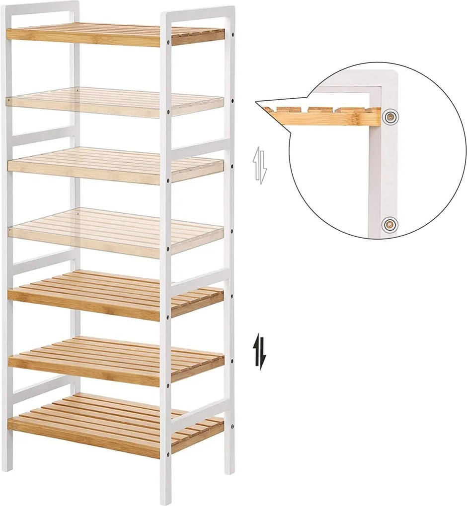 Bambusový stojan so 4 policami, regál, prírodná a biela farba