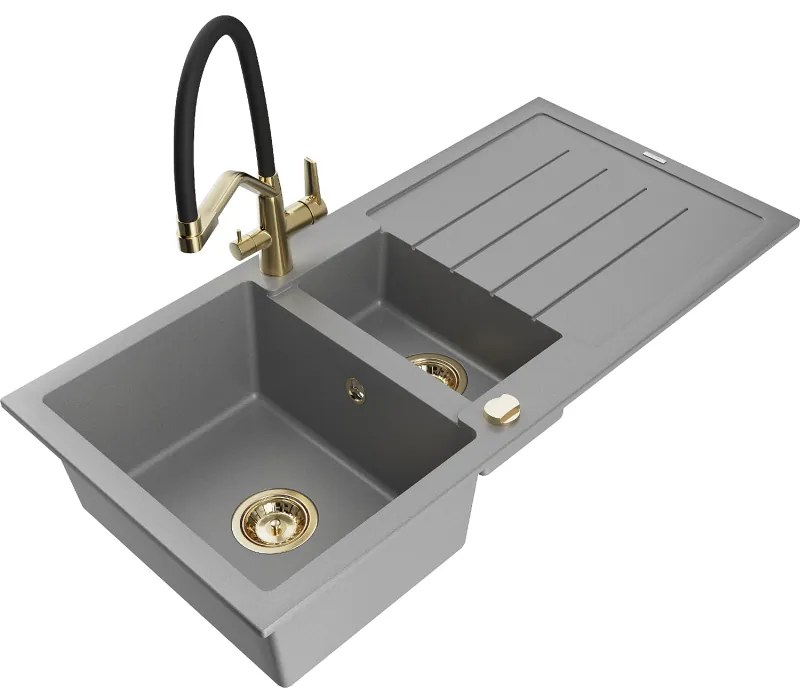 Mexen Andres, granitový drez 1000x500x200 mm, 1,5-komorový a drezová batéria Duo, šedá, 6515-71-671701-57-G